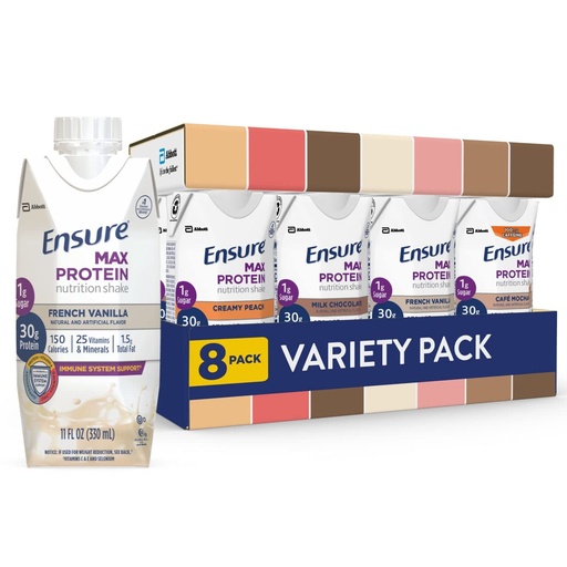 [BRSRMAY2AQBAKE3L] Ensure Max Protein Nutrition Shakes, Variety Pack, With 30g of Protein, 1g of Sugar, Nutrients to Support Immune System Health, High Protein Shake, 11 fl oz, Pack of 8, Liquid