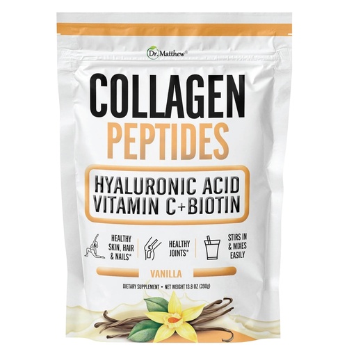 [BRSWYHAEOIPGE23K] Dr. Matthew Vanilla Collagen Protein Powder with Hyaluronic Acid, Vitamin C and Biotin for Hair, Skin, Nails, Joint. Keto, Type 1 and 3.