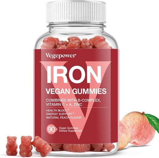 [BRSW2CYBPMMRSH3A] Vegan Iron Gummies Supplement - with Vitamin C, A, B-Complex, Folate, Zinc for Adults & Kids - Health Blood & Energy Support for Iron Deficiency, Anemia, No After Taste - Peach Flavor (90 Ct)