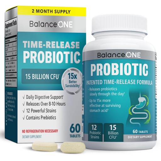 [BRSWGEITCMPWYDQ4] Balance ONE Time Release Probiotic – 15 Billion CFU – 12 Strains Including L. Plantarum – 15x More Survival Than Capsules – Bloating & Gas Relief – Gut & Digestive Health for Women & Men – 60 Tablets