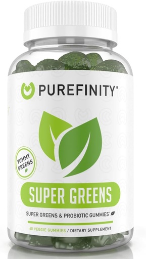 [BRSW2AYPCJ7Q4EY3] PUREFINITY Daily Super Zielone Gummies z Spirulina, Szpinak, Brokuły, Buraki, Acai i inne warzywa, All- in- One Veggie Supplement - Non-GMO, Gluten Free, Wegan, 60 Count