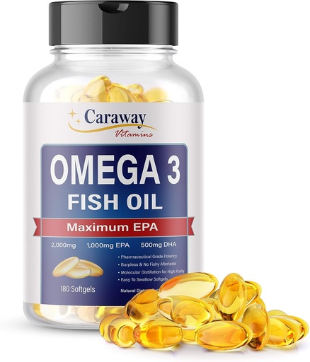 [BRSWG2QTOEIGK2DA] Omega 3 Fish Oil 2,000mg- Pharmaceutical Grade. 1000mg EPA 500mg DHA. Burpless kapsler med ingen Fishy eftersmag. Alle Natural, Organic, Ikke GMO, Gluten Gratis for mænd og kvinder.