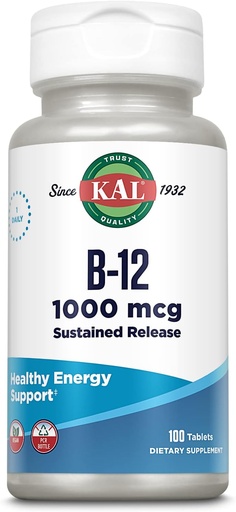 [BRSWIYT3OMAQEYA3] KAL维生素B12 1000mcg,健康能源持续释放补充品,代谢,心脏健康,神经和红血球支持,长拉式配方,维冈,100服务,100片