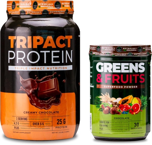 [BRSRAZYQDMARUDIZ] Nutrologi TRIPACT Protein Powder, 7- in-1 Meal Erstatning Shake, Creamy Chocolate (40 Servere) Greens & Fruits Powder- Naturligt sourced Superfood, Chokolade (30 Servere)
