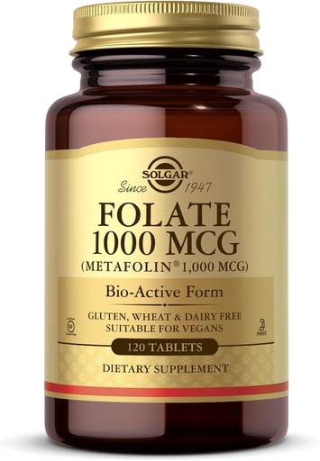 [BRSWIALQDJ5AMEQZ] Solgar Folate 1000 mcg - 120 Tablets - 1000 mcg Bio-Active Metafolin - Vegan, Gluten Free, Dairy Free, Kosher - 120 Servings