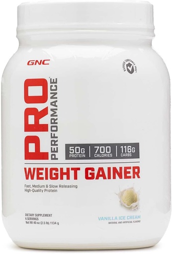 [BRSWKHYQCZ7BC3IZ] GNC Pro Performance Weight Gainer Protein Powder, 50g Protein, High Calorie, 700 Kalorii, Wspiera odzysk masy i mięśni, MCT, BCAA, 3. Tested Party, Vanilla Ice Cream, 6 Służenia, 2,5 kg