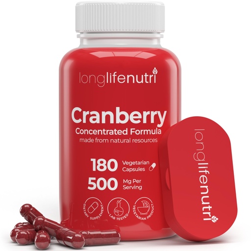 [BRSWGCYTOZYBGDT4] LongLifeNutri Cranberry Extract with Vitamin C & E - Pure Concentrated Formula, 500mg per Serving, 180 Vegetarian Capsules, Urinary Tract Health & Bladder, 6 Month Supply, Made in USA