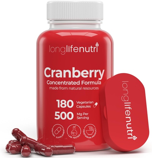 [BRSWGCYTOZYBGDT4] LongLifeNutri Cranberry Türlü Vitamin C & E - Saf Yoğun Formula, 500 mg hizmet başına 180 Vejetaryen Capsules, Urinary Tract Health & Bladder, 6 Ay Supply, ABD'de Yapıldı