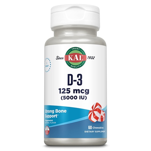 [BRSWIYA3OZ4WYG32] KAL Vitamin D3 Chewable Supplement - 5000 IU 125 mcg, High Potency Vitamin D Chewables, Healthy Teeth, Bone Strength and Immune Support, Natural Peppermint Flavor - 60 Count