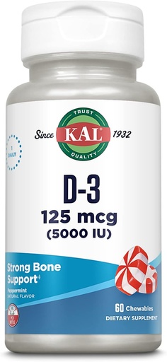 [BRSWIYA3OZ4WYG32] KAL vitamin D3 5000 IE 125 mcg, høj potens D-vitamin tyggemidler, Calcium Absorption, ben sundhed og immunforsvar supplement, naturlige pebermynte Flavor, 60- dag garanti, 60 Servering, 60 Tyre