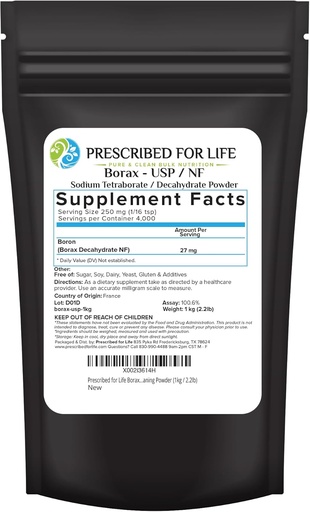 [BRSWGEIQDEHGAELV] Prescripted for Life Borax Powder, Pure USP NF Grade Tous les borate de sodium naturel en poudre, booster de blanchisserie domestique, activateur de slim et poudre de nettoyage polyvalente (1kg / 2.2lb)
