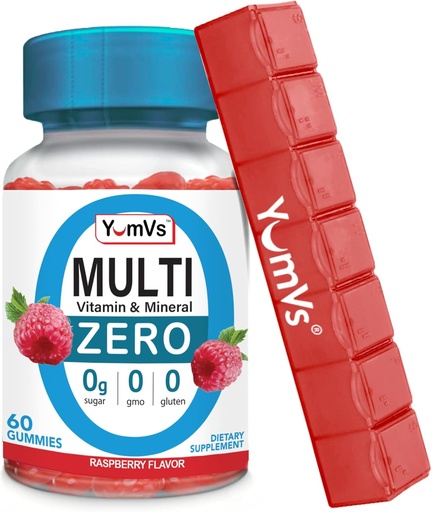 [BRSROCQ5CMAQODTH] YUM-V'S Multivitamin Zero Gummies by YumVs | Sugar-Free Vitamins Supplement for Women & Men | Chromium, Thiamine, and Magnesium | Natural Raspberry Flavor Chewables - 60 Count - Red Pillbox