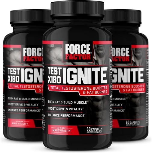 [BRSWYHY3CENAKFDA] FORCE FACTOR Test X180 Ignite, Testosterone Booster & Fat Burner for Men, Testosterone Supplement to Help Build Muscle, Increase Energy, and Boost Vitality and Performance, 60 Count (Pack of 3)