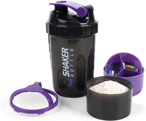 [BRSROFDYA56A2FY3] Shaker Bottle - Protein Shaker Cup with Storage Compartments - Leak-proof Workout Shake Bottles with Mixer for Smooth Mixing-500ML/16oz (PURPLE & BLACK)