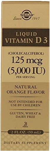 [BRSWI2QYOZYQIHLG] Solgar Liquid Vitamin D3 125 mcg (5,000 IU) - 2 fl oz - Delicious, Natural Orange Flavor - Helps Maintain Healthy Bones & Teeth - Immune System Support - Gluten Free, Dairy Free, Kosher - 59 Servings