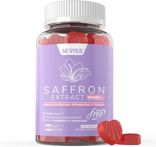 [BRSRMHQ7BYBQIG32] Saffron Supplements Gummies 100mg - 100% Pure Saffron Extract with Magnesium Glycinate, L-Theanine, Turmeric, Ashwagandha, Honey & Vitamin B Complex for Mood & Power, Antioxidant, Vitality - 60 Count
