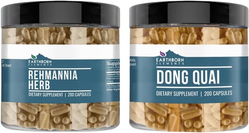 [BRSROGDYPMBW22DP] Jordbårne elementer Rehmannia Herb og Dong Quai Bundle, 200 kapsler hver, ren og ufortynnet, ingen tilsetningsmidler