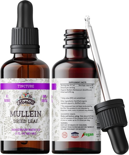 [BRSWGAYKBMOQO2DG] Mullein Tincture Extract, Orgânico Mullein (Verbascum densiflorum) Suplemento de ervas de folha seca em Glicerina vegetal a frio 670 mg