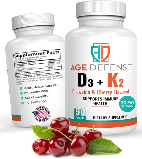 [BRSRA2YLBYMRGA3O] Vitamine D3 2000 IE met K2-90 Kauwtabletten met Cherry Flavoring-Natural Energy Booster-Supports vitaliteit, Immune Health, & Algehele Wellness-Vitamin D3 met vitamine K2 voor mannen en vrouwen
