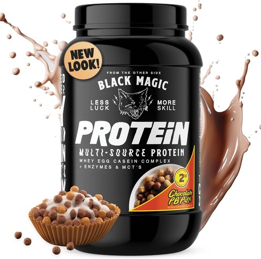 [BRSROBLRB5YRYDTD] Black Magic Protein Powder - Whey, Egg und Casein Complex mit Enzymen & MCT Powder - Pre Workout und Post Workout - New Look- Famous Chocolate Peanut Butter Puffs - 24g Protein - 2 LB