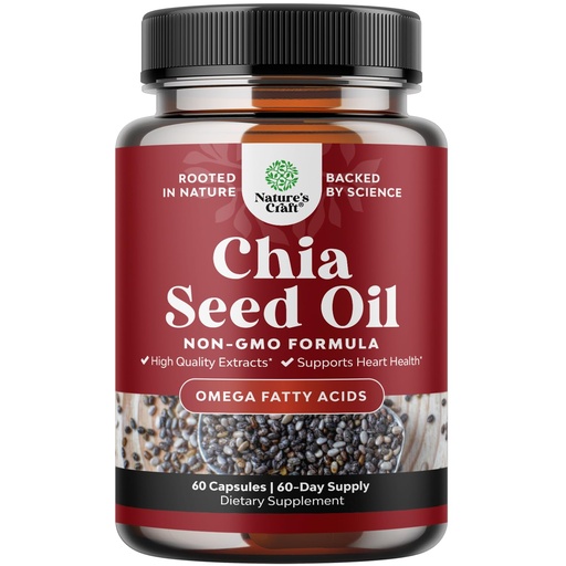 [BRSWECQQBB5QOALA] Chia Seed Oil Extract Capsules - Plant Based Omega 3 6 9 Supplement and Daily Fiber Capsules for Digestive and Immune Support and Heart Health - Omega 3 Fatty Acids Supplement for Men and Women - 60ct