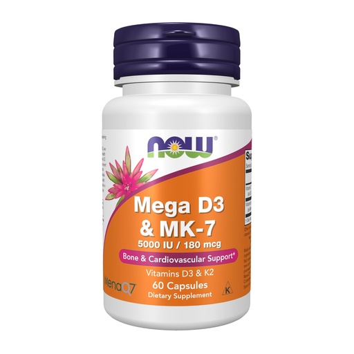[BRSWG2QYCIOQ23DK] NOW Foods Supplements, Mega D-3 & MK-7 with Vitamins D-3 & K-2, 5,000 IU/180 mcg, Bone & Cardiovascular Support*, 60 Veg Capsules