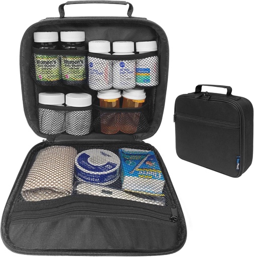 [BRSROZQOORYGCDY4] Medium Travel Pill Bottle Organizer, Medicine Bag, Carrier for Medications and Medical Supplies - Black (Without Lock)
