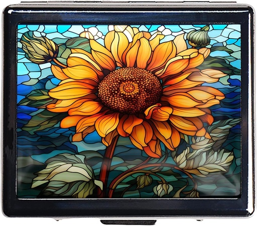 [BRSROGIZAR5B4YA4] 7 zile Chromed Silver Pill Organizator cu Mirror Inside are 8 Compartimente separate Rectangle 7 zile Pilula cutie de pastile (Sunflower Stained Glass)