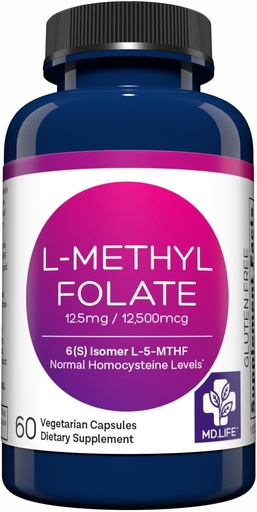 [BRSWG2Q2OUBWKG3Z] MD Life L-Methylfolat 12,5 mg Tillägg - Professional-Grade Active L Methylfolate Supplement - 60 kapslar - L-Methylfolat 12.5mg - Maximal Potens MTHFR W/Essential Amino Acids