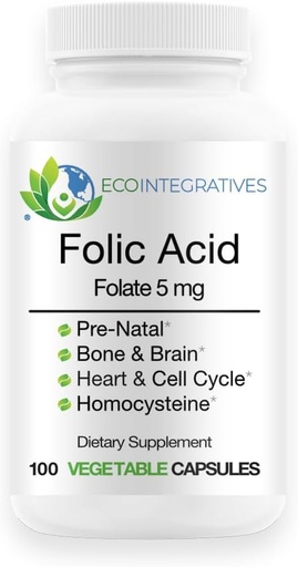 [BRSWYZLYCN7GGHTD] Folic Acid Folate 5mg (B9) Prenatal, Reproductive Health, Homocysteine, Metabolism, Cardiovascular, Bone, Immune Support, Allergen Free, Non GMO - 100 Vegan Capsules