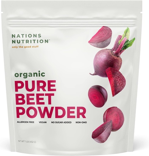 [BRSW2BD5AUFWMCT2] Pure Beet Root Powder Organic - Nitric Oxide Circulation Superfood, Supports Blood Flow & Heart Health - Increase Stamina & Natural Energy, 30+ Servings (1 LB Bag)