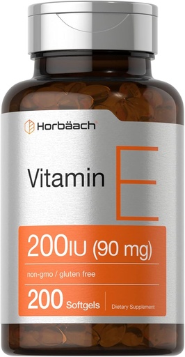 [BRSW2HAOBEMWMYI3] Horbäach Vitamin E Softgel Capsules 200 IU - 90 mg supplement - 200 count - Non-GMO and Gluten Free Formula