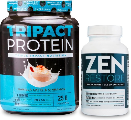 [BRSRAZYTBAPAMAI4] Nutrology TRIPACT Protein Powder, 7-in-1 Meal Replacement Shake, Vanilla Latte Cinnamon Flavor (20 Servings) Zen Natural Magnesium Supplement (30 Servings)