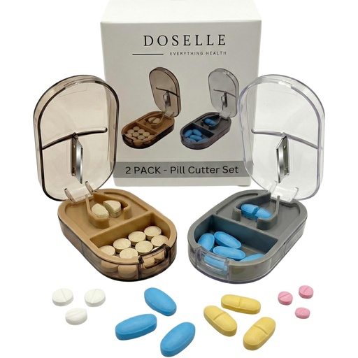 [BRSRA2T2AABWODIU] 2 Pack Pill Cutter for Small or Large Pills – Professional Medicine Splitter with Clear Cover & V-Grip Centering Device – Accurate 1/2 & 1/4 Cuts for Oval & Round Tablets (Gray & Brown)