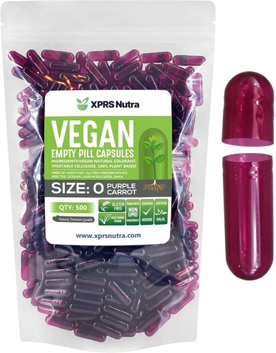 [BRSWYGQ5CENGOA33] XPRS Nutra Size 0 Empty Capsules - 500 Count Empty Vegan Capsules - Vegetarian Pills - DIY Vegetable Capsule Filling - Veggie Pill Caps for Do-It-Yourself Supplements (Purple Carrot)