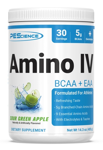 [BRSWYYIPOYGWGCA4] PEScience Amino IV BCAA & EAA Powder, Essential Amino Acids, Taurine, Electrolytes for Hydration and Muscle Recovery, Sugar Free for Men & Women, Post Workout - Sour Green Apple, 30 Servings