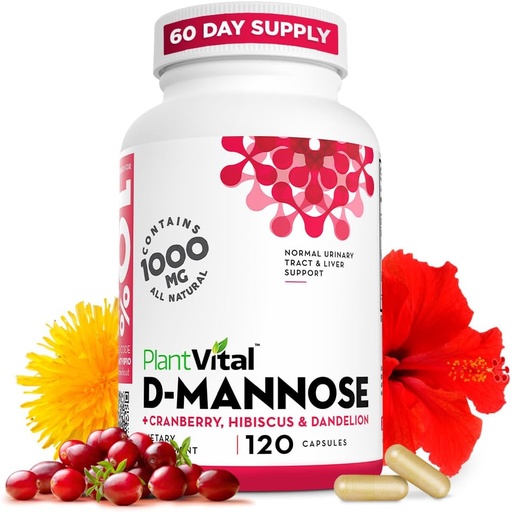 [BRSWGALYCABAYG3U] Plantvital D Mannose Kapsulas ar Dzērveni - D-mannose 1000mg Kapsulas - augsta aktivitāte urīnpūšļa, nieru un urīna traktējuma atbalstam. Dzērveņu pulveris ar Hibiscus un Dandelion. 2 Mēnešu piegāde