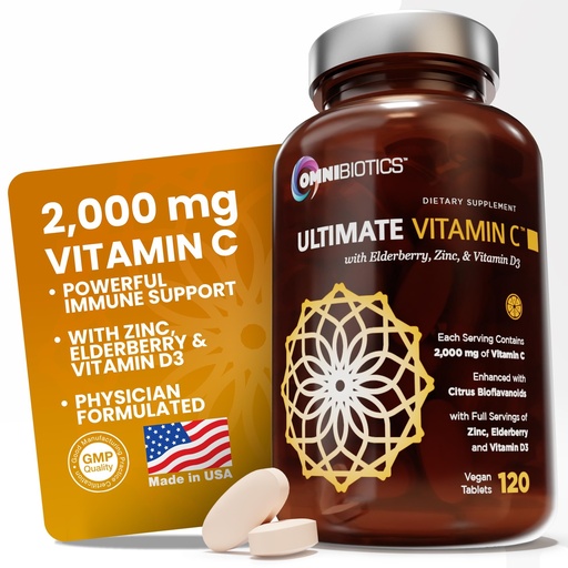 [BRSWYAQPDEDRODY6] OmniBiotics Ultimate Vitamin C Supplement 2000mg – with Zinc, Elderberry Extract, and D3 – High Potency Immune Support & Collagen Booster – 120 Vegan Tablets
