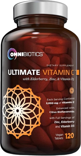 [BRSWYAQPDEDRODY6] OmniBiotics Ultimate Vitamina C Suplemento 2000mg - con Zinc, extracto de Elderberry e D3 - Soporte inmune de alta potencia e Booster de coláxeno - 120 tabletas Vegan