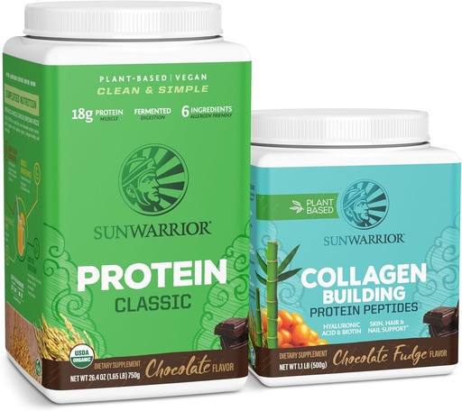 [BRSRAGQBBEJRYALO] Sunwarrior Classic Vegan Protein Powder | Plant-Based 30 Servings, Chocolate & Collagen Building Powder Hyaluronic Acid | 20 Servings, Chocolate Flavored