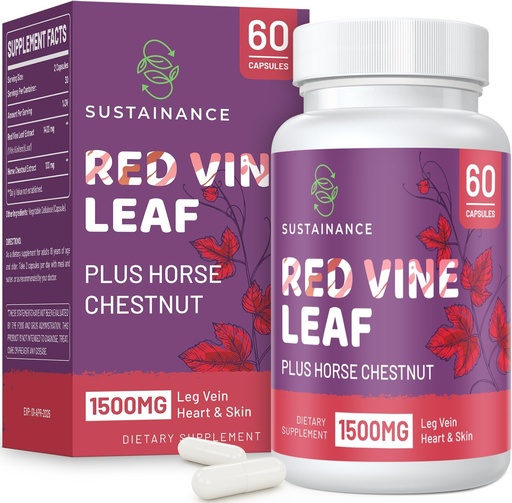 [BRSROEALC4HWM2T5] Red Vine Leaf Extract 1400mg & Horse Chestnut Extract 100mg Supplement Diet for Leg, Vein, Circulation, Heart, Skin (60 Capsules)