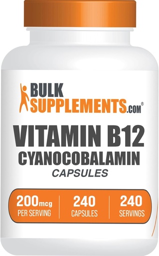[BRSRMAALCIFRMFL7] BulkSupplements.com Vitamin B12 Kapseln - wie Cyanocobalamin, Vitamin B Supplement, Vitamin B12 200 mcg - Energie Vitamine, Glutenfrei, 1 Kapsel pro Servierung, 240 Kapseln (Pack von 1)