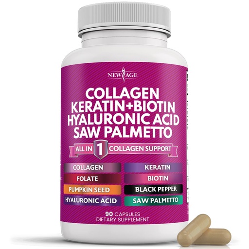 [BRSROBA3OJ5BODLZ] NEW AGE Collagen Pills Biotin Keratin Saw Palmetto Hyaluronic Acid - Hair Skin and Nails Vitamins and DHT Blocker with Vitamin E Folic Acid Pumpkin Seed MSM- 90 Count