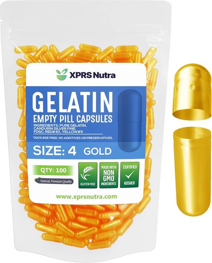 [BRSWYCQRO4NRU23Z] XPRS Nutra Size 4 Empty Capsules - 100 Count Small Empty Gelatin Capsules - Pills DIY Capsule Filling - Fillable Pure Bovine Pill Gel Caps for Do-It-Yourself Supplements (Gold)