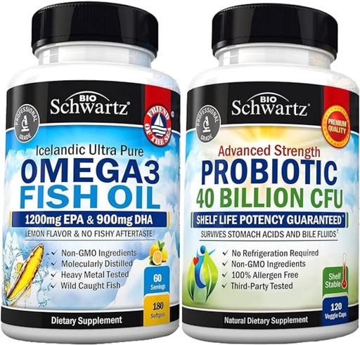 [BRSRAAAOBEIA4E3F] Triple Strength Omega 3 Fish Oil Softgels (2 Month Supply) Plus 40 Billion CFU Daily Probiotic Supplement (2 Month Supply)