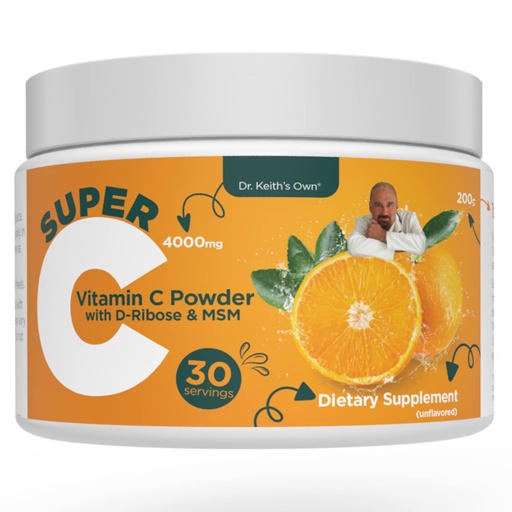 [BRSW2GL5CJ5BA23A] Dr. Keith's Own Super C-High Dose Powdered Vitamin C 4000mg with D-Ribose, Glycine, MSM-Highly Absorbable, Stomach-Friendly, Collagen Boost, Immune Support-Unflavored, 200 Grams (30 Servings)