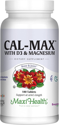 [BRSWIYAKCUOQYG32] Maxi Health Calcium 1000 mg met vitamine D3 (400 IE) en Magnesium (750 mg) - Cal Max Dieetsupplement voor bot, tanden en gezamenlijke ondersteuning - voor mannen en vrouwen - 180 tabletten