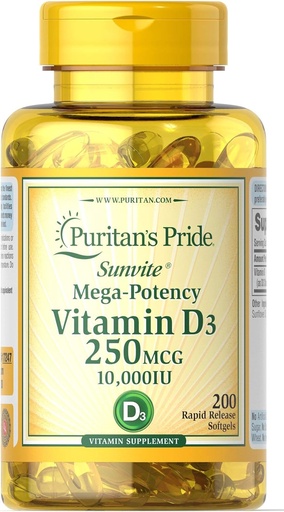 [BRSWGEABOF6RQGY3] Puritan's Pride Vitamin D3 250 mcg (10.000 IU) Softgels, 200 Graf