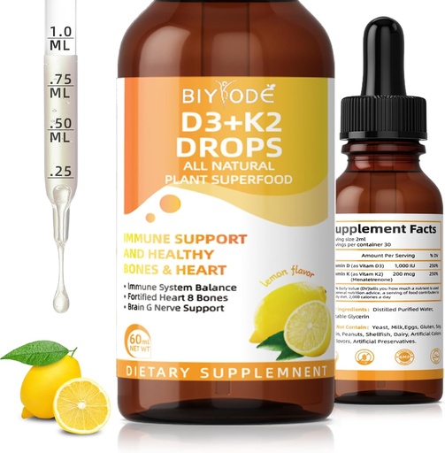 [BRSRA2QPDEIRQFA7] Vitamin D3 K2 Liquid Drops – Liposomal 1000 IU D3 & 200 mcg K2 MK-7 – High Absorption, Immune, Bone & Heart Support, Non-GMO, Lemon Flavor, 60ml