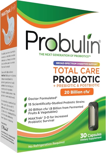 [BRSWGAD5OANWOCQY] Probulin Total Care Probiotic Supplement, Daily Gut, Digestive, and Immune Health Probiotics Capsules for Men and Women, 20 Billion CFU, Vegan, 30 Count Box